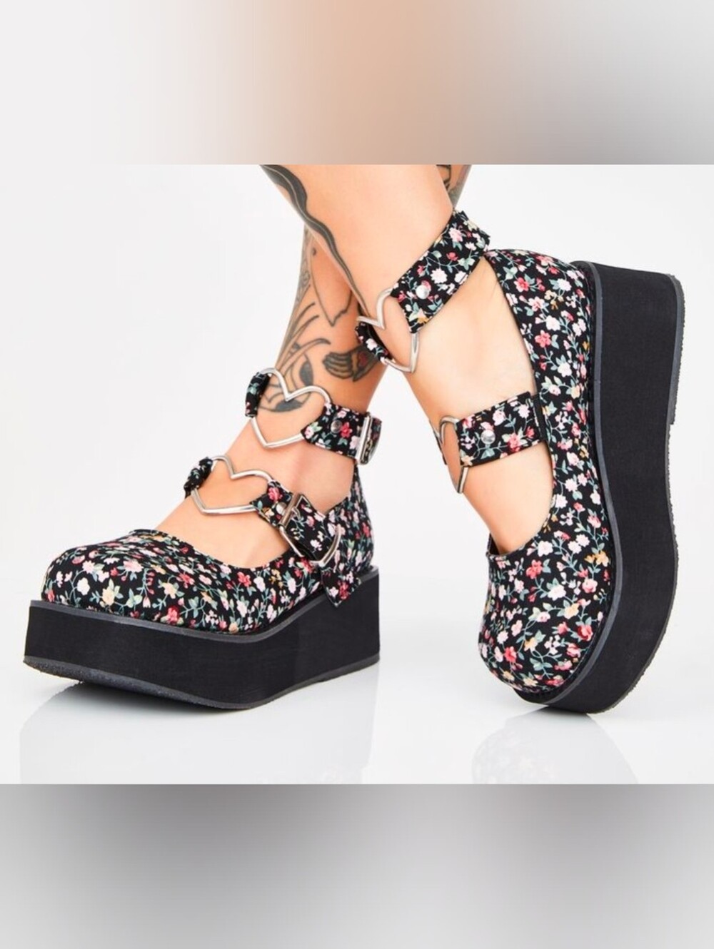 Demonia Black Floral Heart-Strap Platform Mary Janes